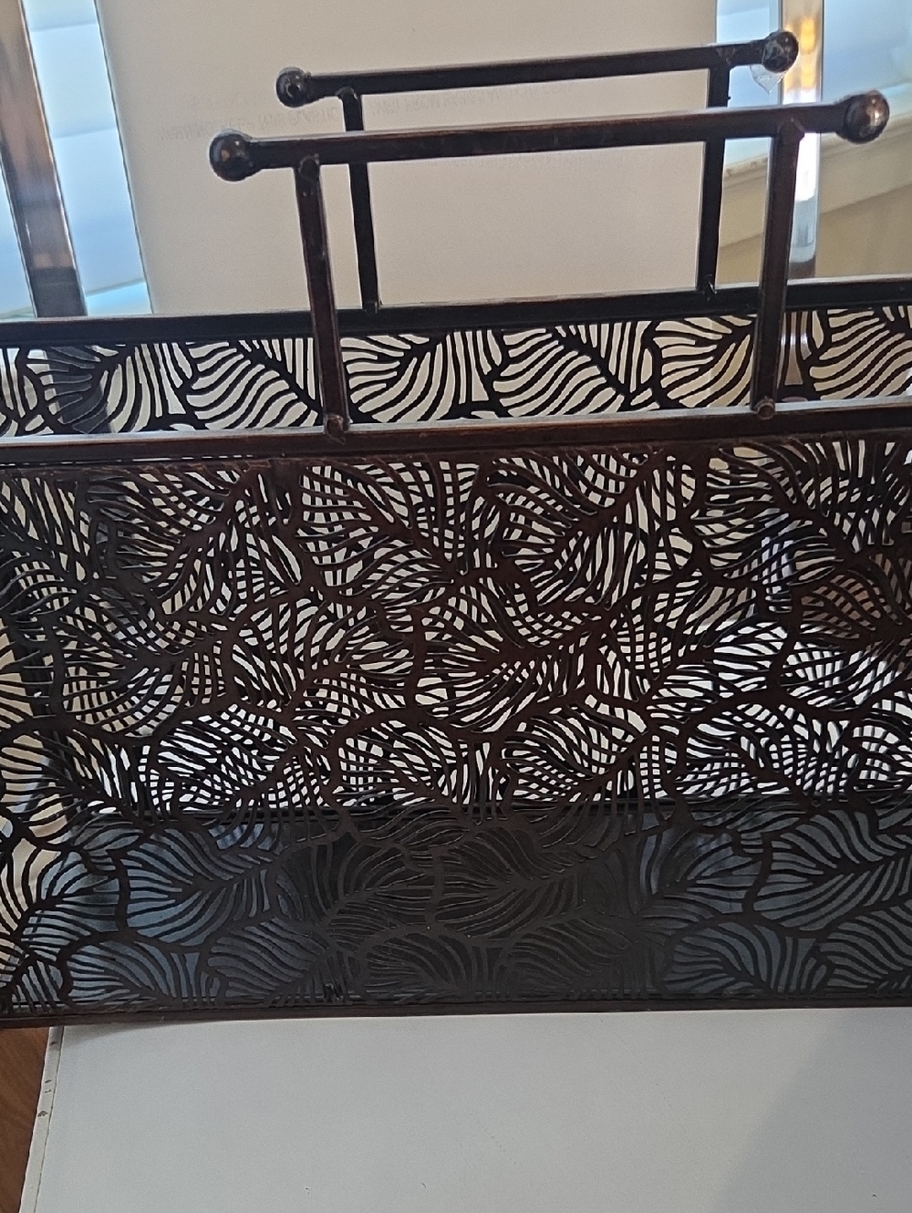 Decorative Metal Magazine Rack in Dark Brown. 18 Inches Long. 5 Inch Opening.